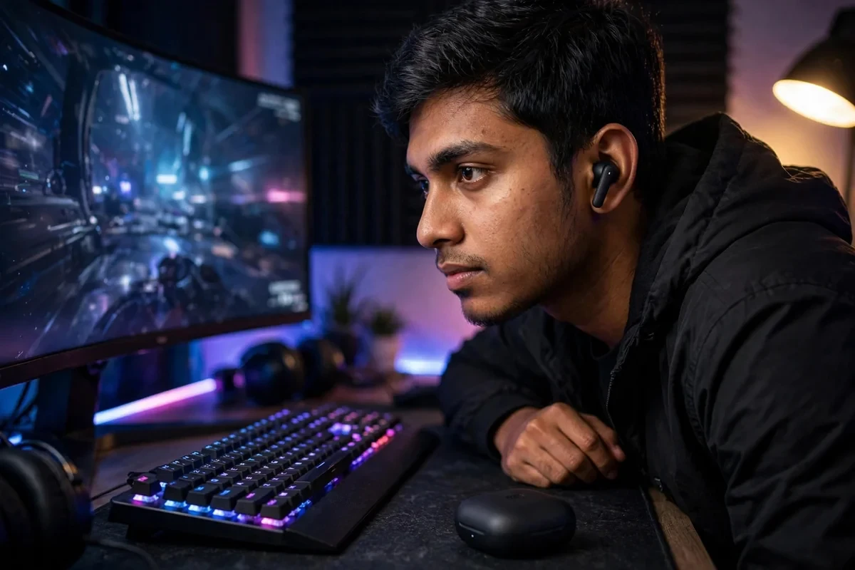 Young Bangladeshi man gaming in a premium RGB gaming room wearing QCY Buds QT43 — 68ms low-latency game-mode story
