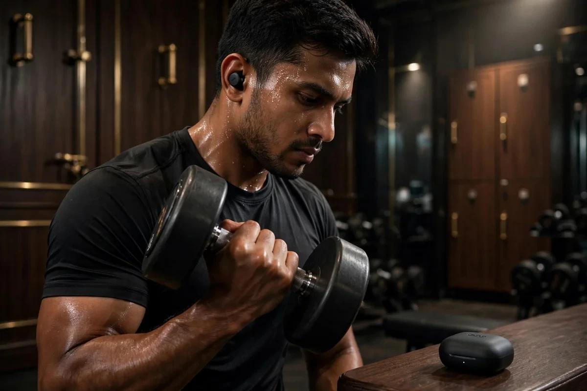 Young Bangladeshi man at a premium private fitness club wearing QCY Buds QT43 — IPX4 sweat-resistant fit story