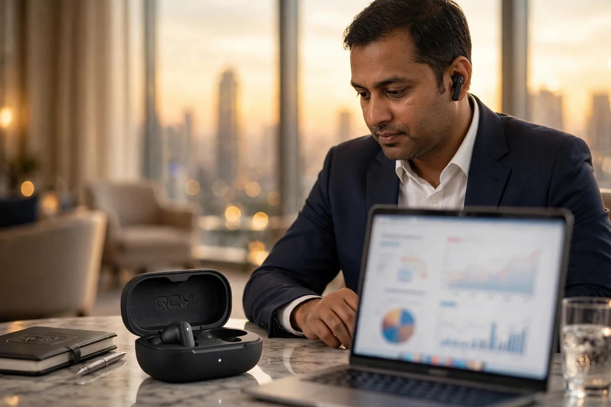 Bangladeshi businessman on a video call in an executive lounge wearing QCY Buds QT43 — clear-calls story