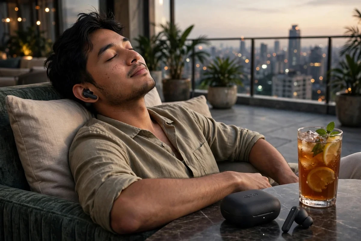 Affluent Bangladeshi man on a penthouse terrace at dusk wearing QCY Buds QT43 — quiet-listening story