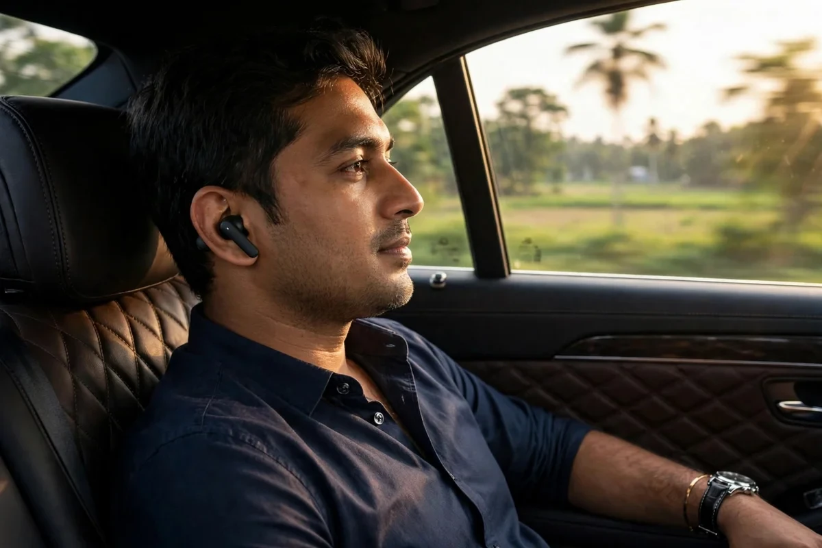 Young Bangladeshi man relaxing in a luxury car wearing QCY Buds QT43 — long-battery weekend story