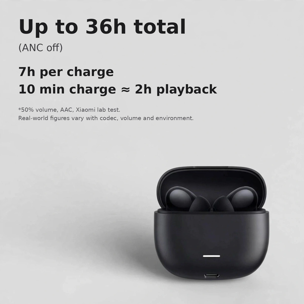 Xiaomi Redmi Buds 5C battery card: up to 36 hours total with ANC off, 7 hours per charge, 10-minute charge for 2 hours playback