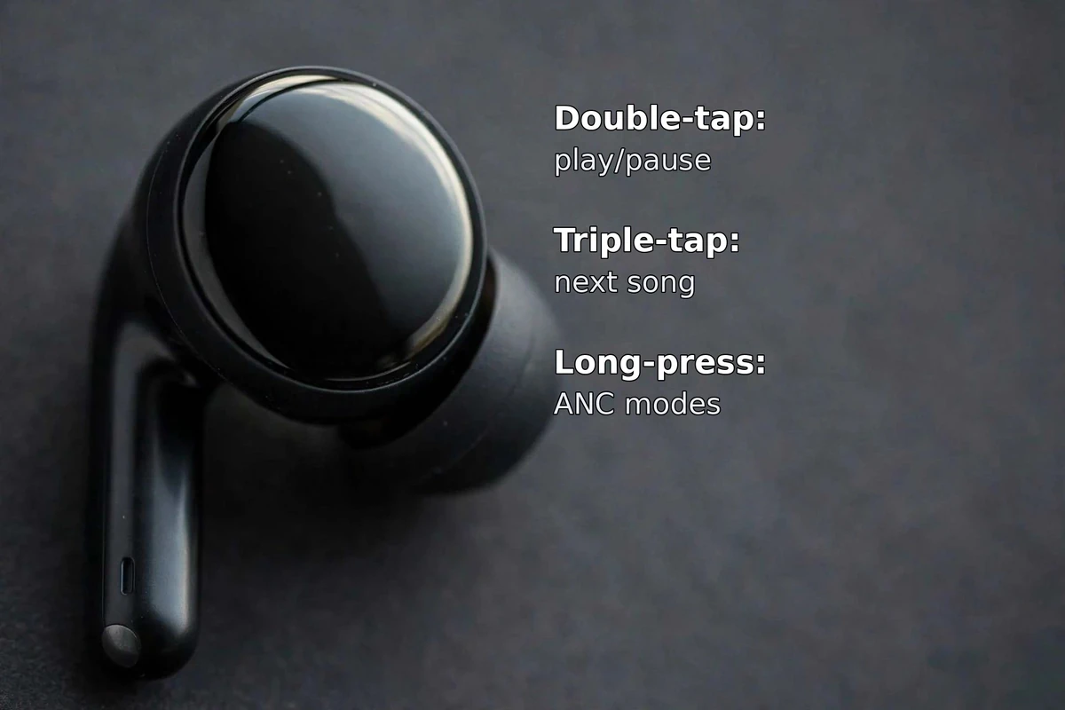 Xiaomi Redmi Buds 5C touch controls card: double-tap play and pause, triple-tap next song, long-press ANC modes