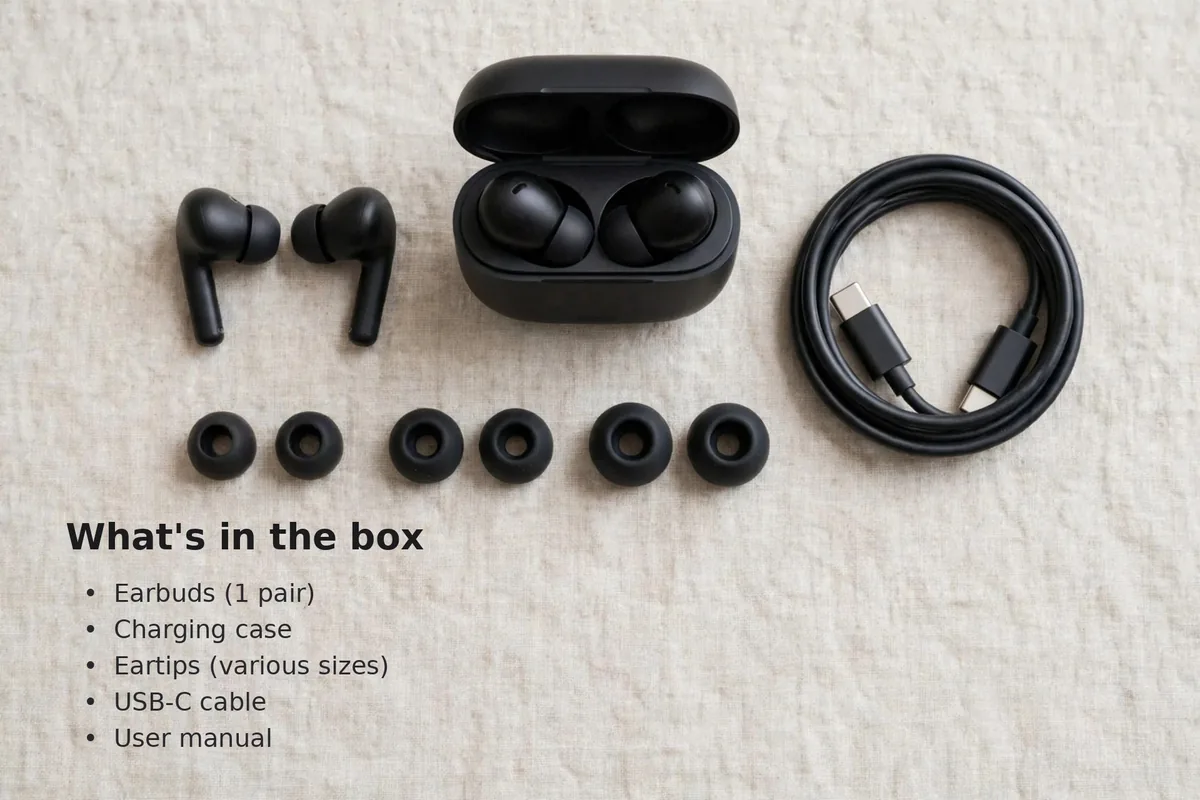 Xiaomi Redmi Buds 5C box contents flat lay: earbuds, open case, eartips and USB-C cable with item list