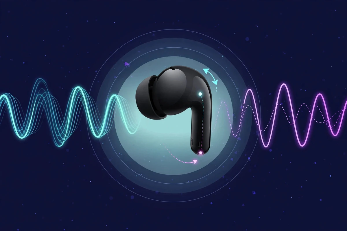 Conceptual visualization of Xiaomi Redmi Buds 5C hybrid ANC: earbud with sound waves and inverted cancellation waveform