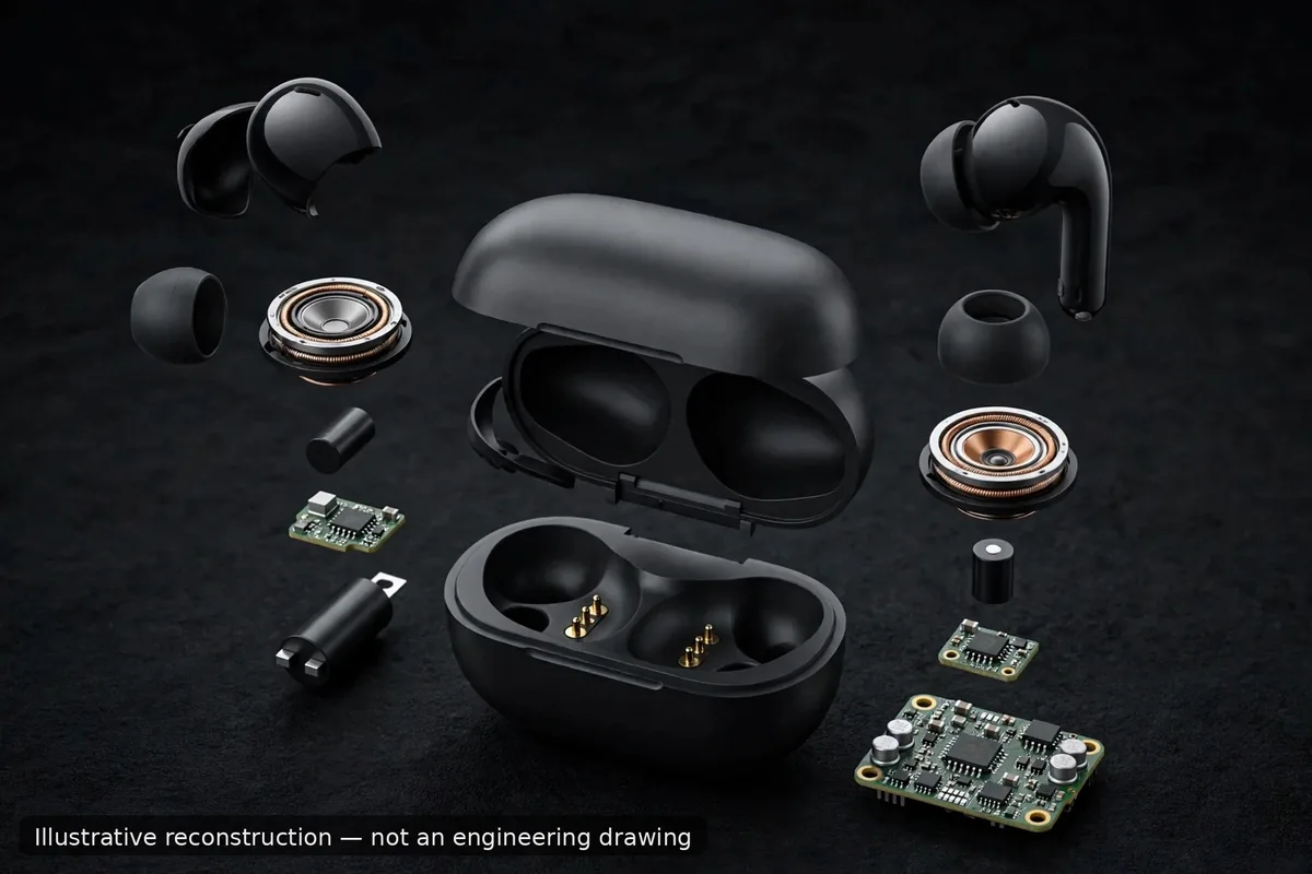 Illustrative exploded-view reconstruction of the Xiaomi Redmi Buds 5C earbud and case internals, not an engineering drawing