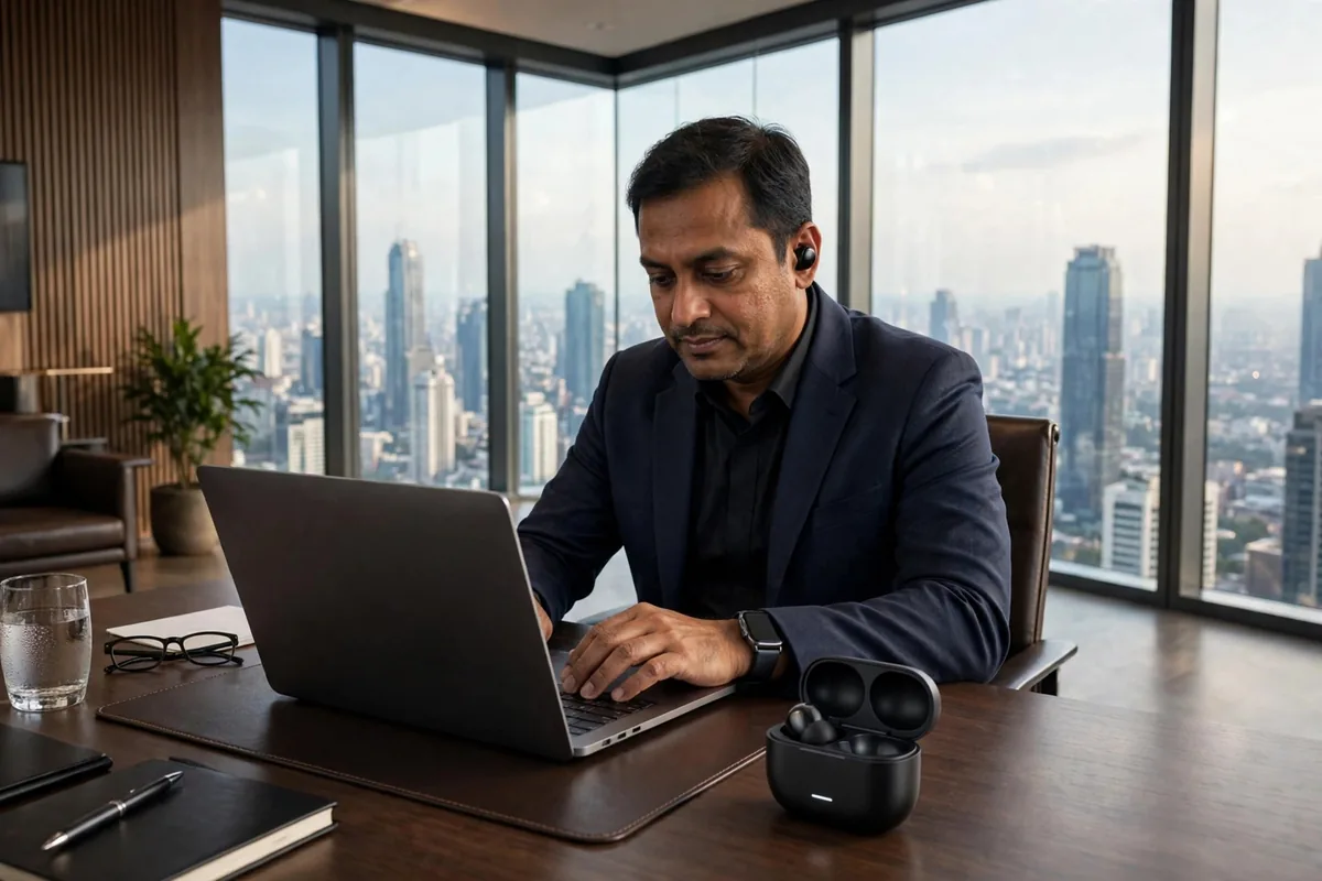 Man working at an office desk wearing a black Xiaomi Redmi Buds 5C earbud