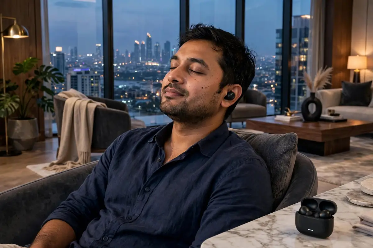 Man relaxing in a luxury penthouse at dusk wearing Xiaomi Redmi Buds 5C earbuds