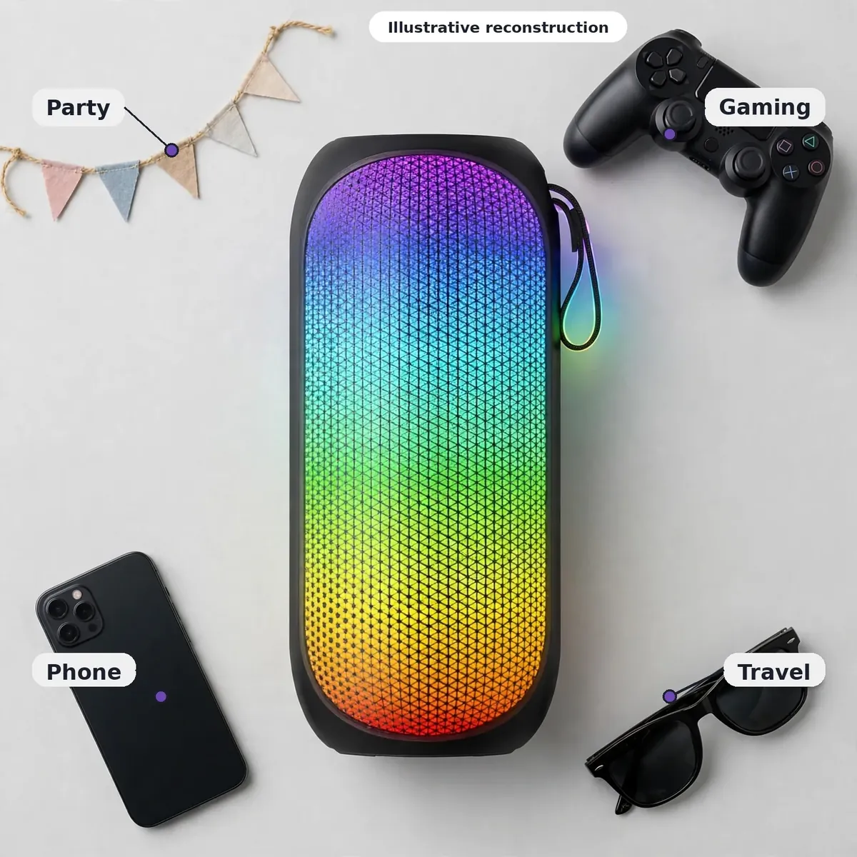 Illustrative flat-lay of the Havit SK808BT with party, gaming, phone and travel use cases