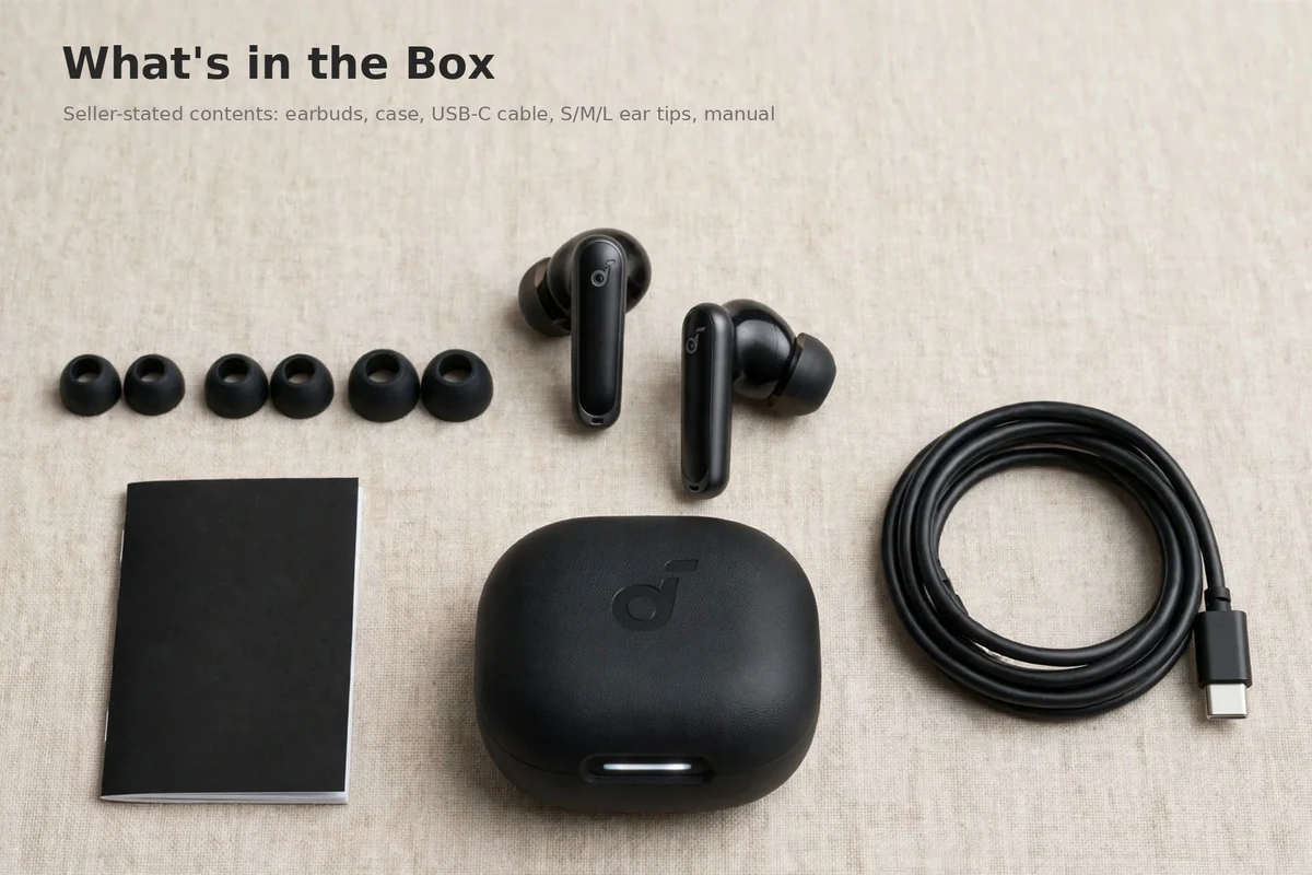 What is in the box: Anker Soundcore P40i earbuds, charging case, USB-C cable, S/M/L ear tips and manual, seller-stated contents