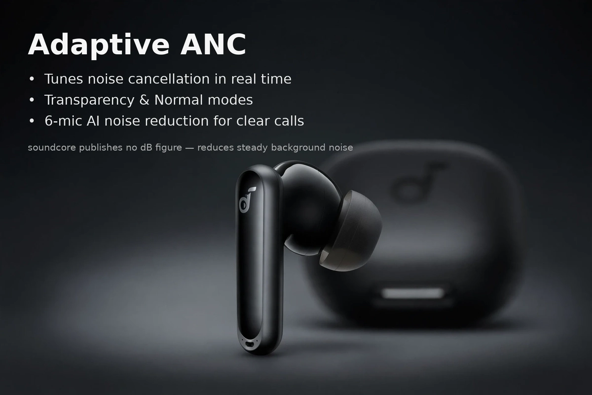 Anker Soundcore P40i ANC feature card: Adaptive ANC with real-time tuning, Transparency and Normal modes, 6-mic AI calls