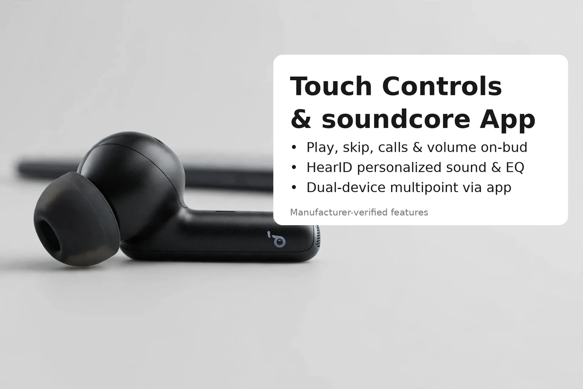 Anker Soundcore P40i controls card: touch controls, HearID EQ and dual-device multipoint via the soundcore app