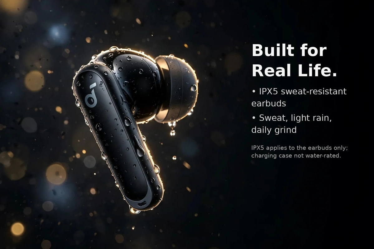 Anker Soundcore P40i durability card: IPX5 sweat-resistant earbuds, applies to the earbuds only