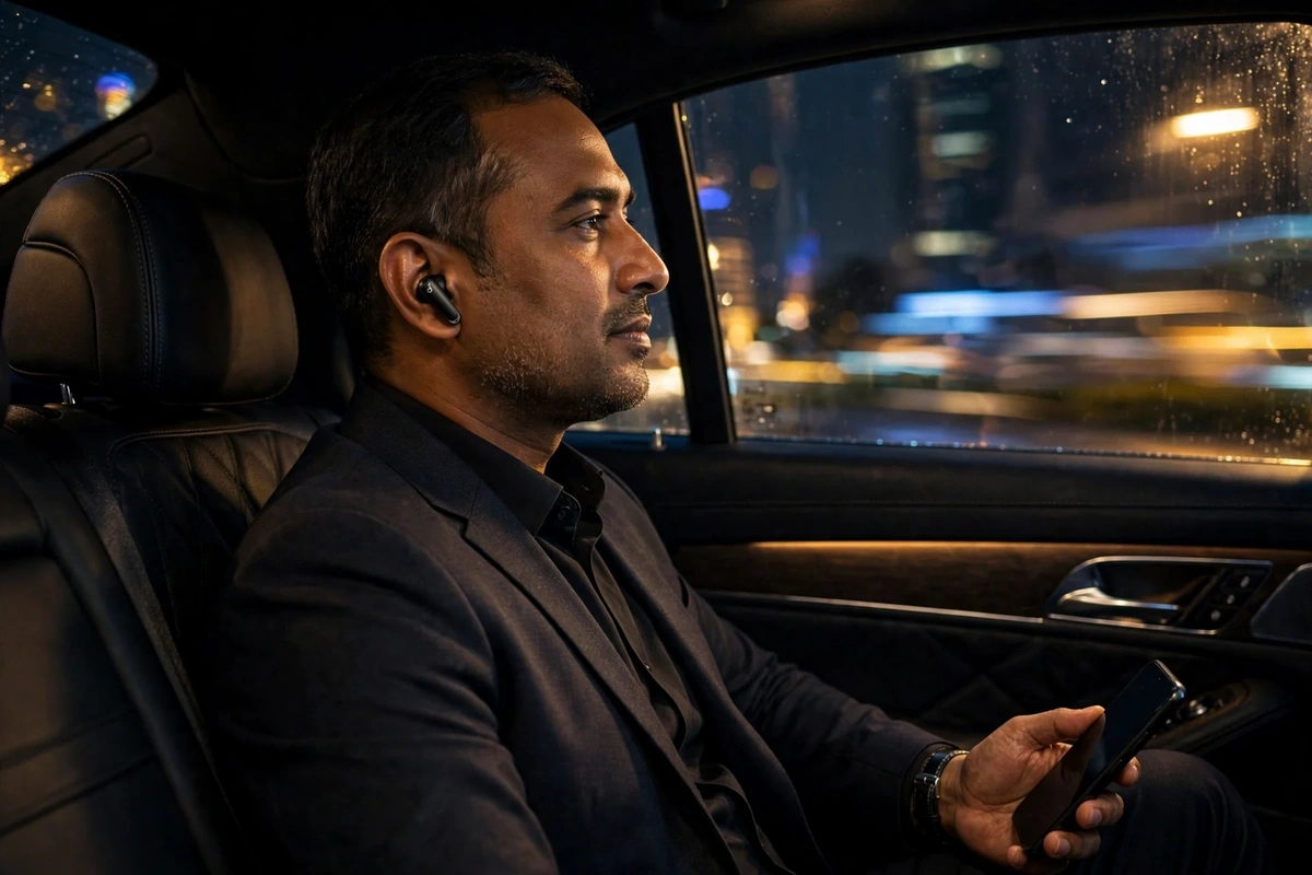 Bangladeshi businessman serene in the back of a luxury car at night wearing black Anker Soundcore P40i earbuds