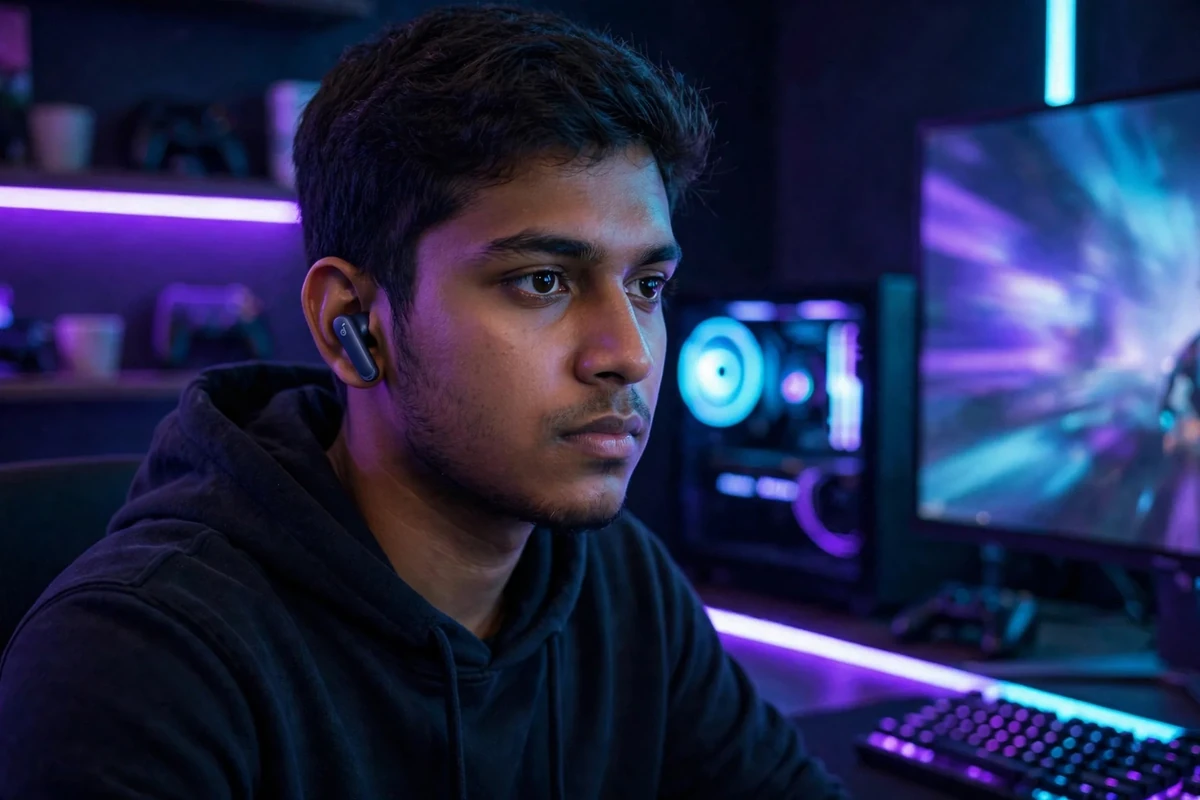 Young Bangladeshi gamer wearing blue Soundcore P40i earbuds in a high-end RGB gaming room