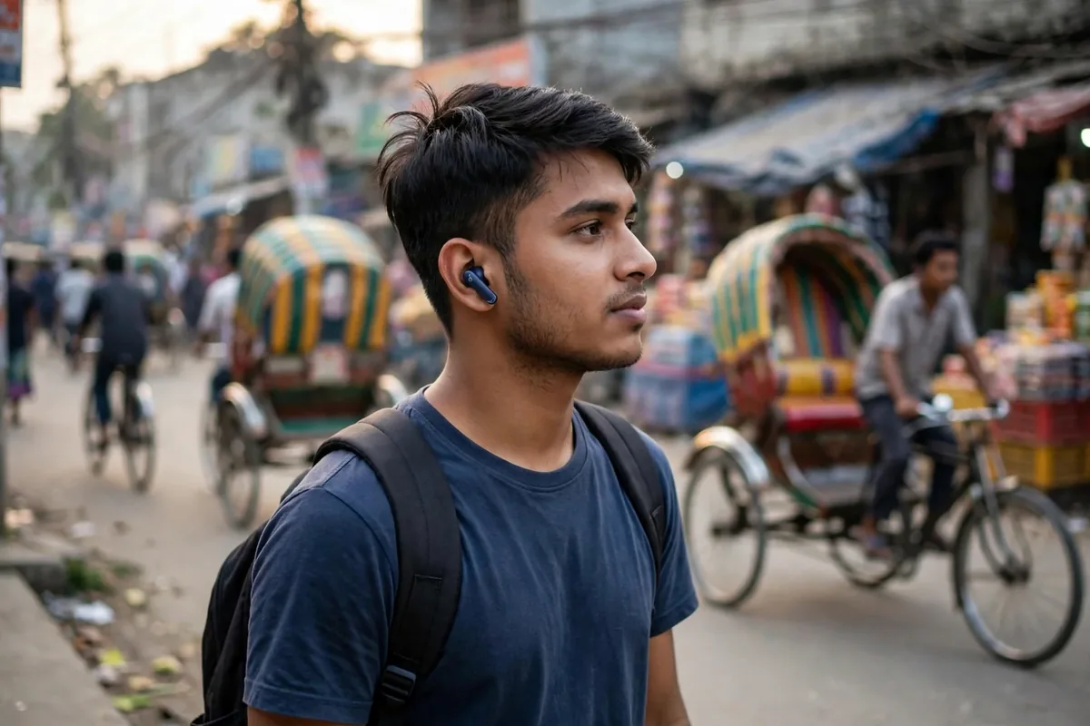 Young man on a Dhaka street wearing a blue Soundcore P40i earbud, rickshaws in the background
