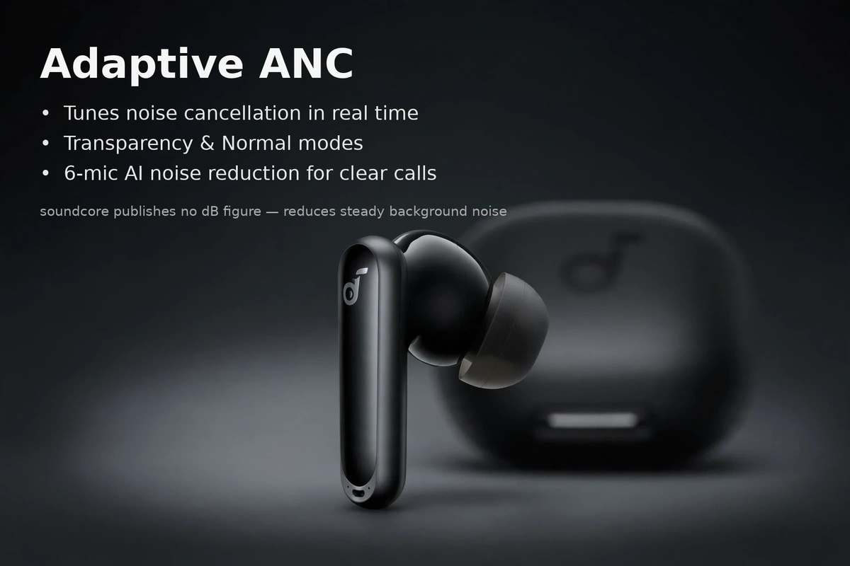 Soundcore P40i ANC feature card: adaptive ANC with real-time tuning, transparency and normal modes, 6-mic AI calls kept separate