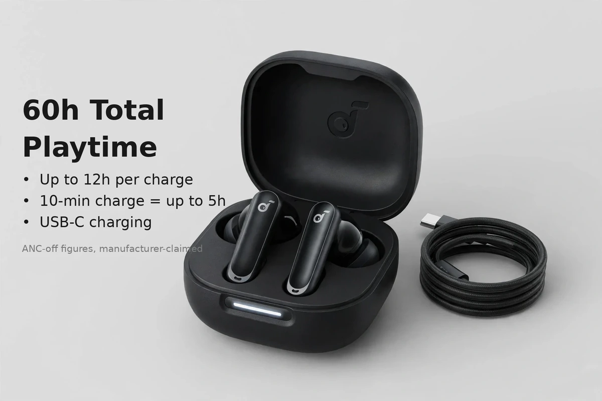 Soundcore P40i battery card: 60 hours total and 12 hours per charge with ANC off, 10-minute charge for 5 hours, USB-C