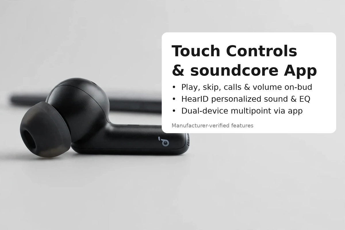 Soundcore P40i controls card: touch controls, HearID and EQ personalization, dual-device multipoint via the soundcore app