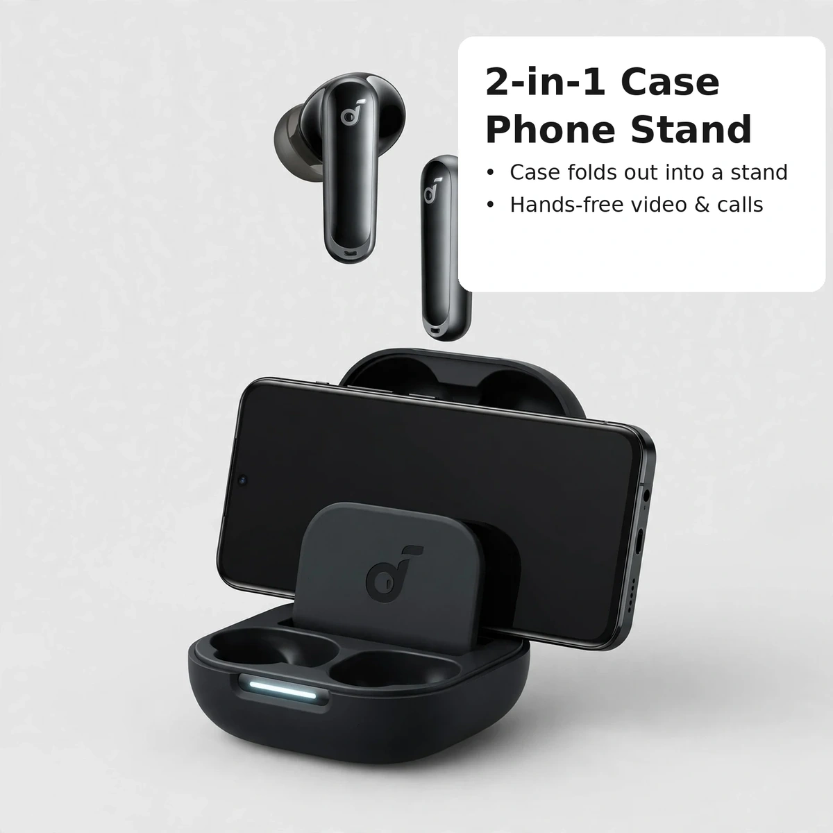 Soundcore P40i 2-in-1 case phone-stand feature card: case folds out into a stand for hands-free video and calls