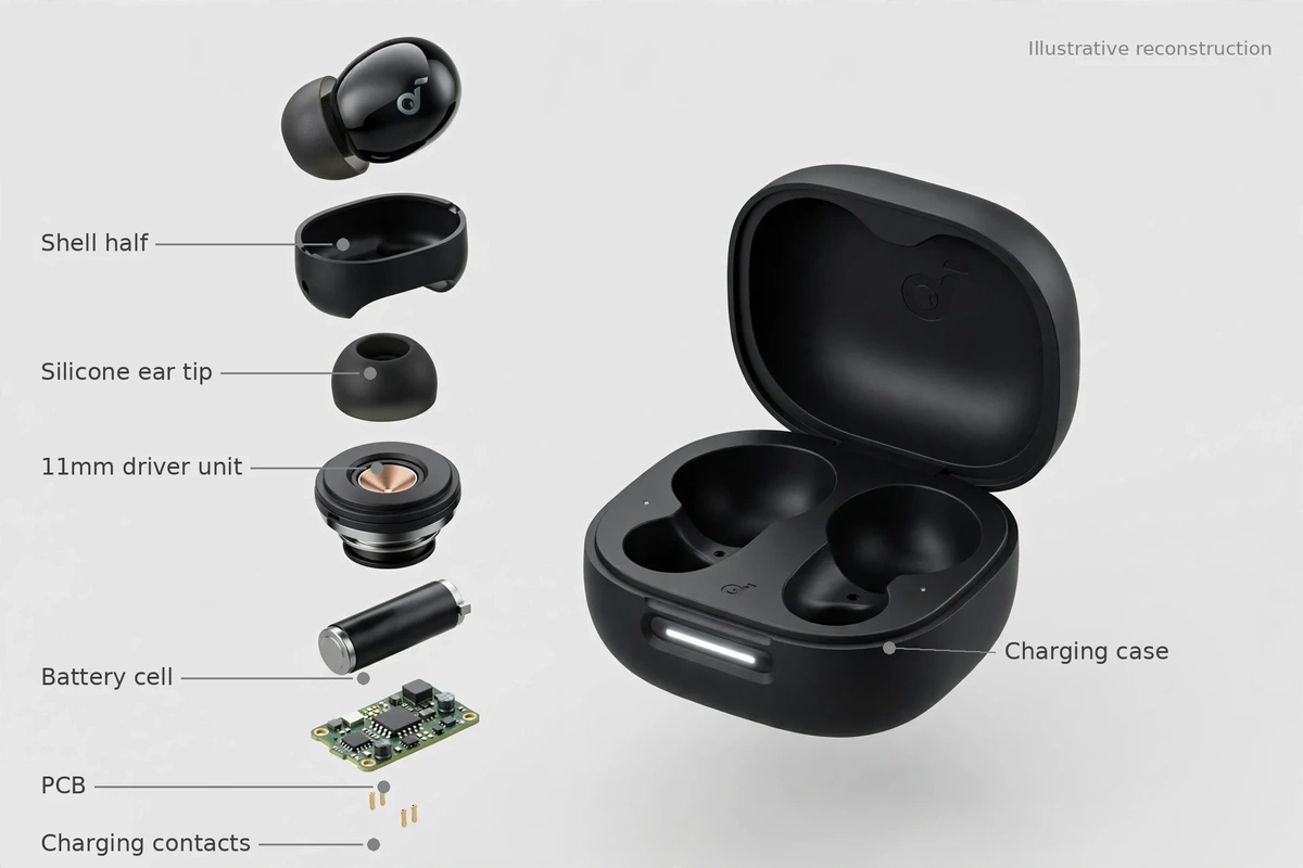 Soundcore P40i benefit visualization: 11mm Big-Bass drivers with BassUp real-time bass boost and Bluetooth 5.3