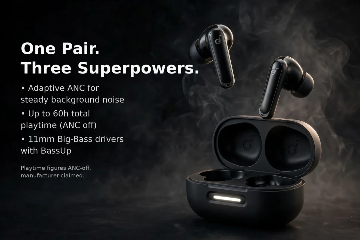 Soundcore P40i highlight card: one pair three superpowers — adaptive ANC, up to 60 hours playtime, 11mm Big-Bass drivers