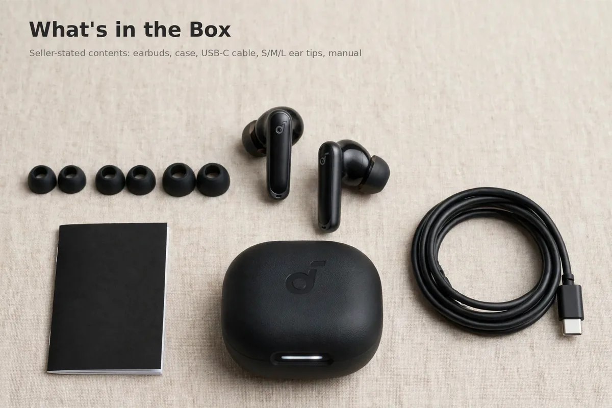 Soundcore P40i box contents card: earbuds, charging case, USB-C cable, ear tips and manual per seller statement