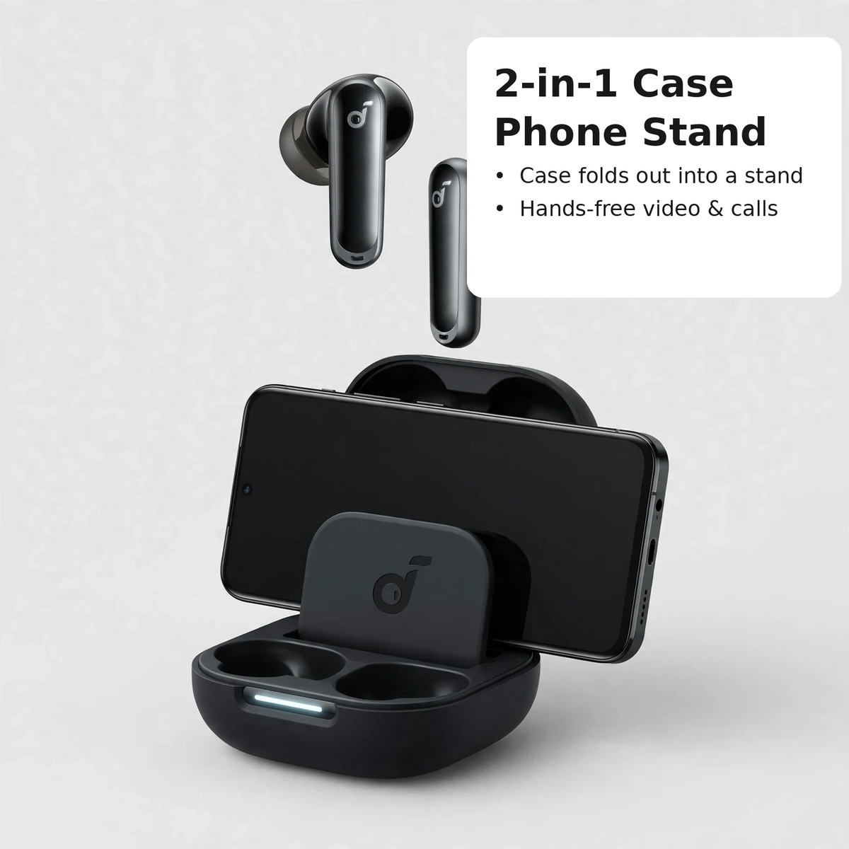 Anker Soundcore P40i charging case in 2-in-1 phone-stand mode propping a smartphone