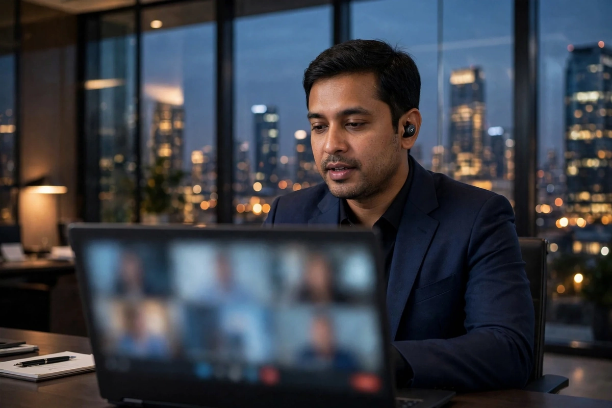Bangladeshi male executive on a video call in a luxury executive office wearing black Anker Soundcore P40i earbuds