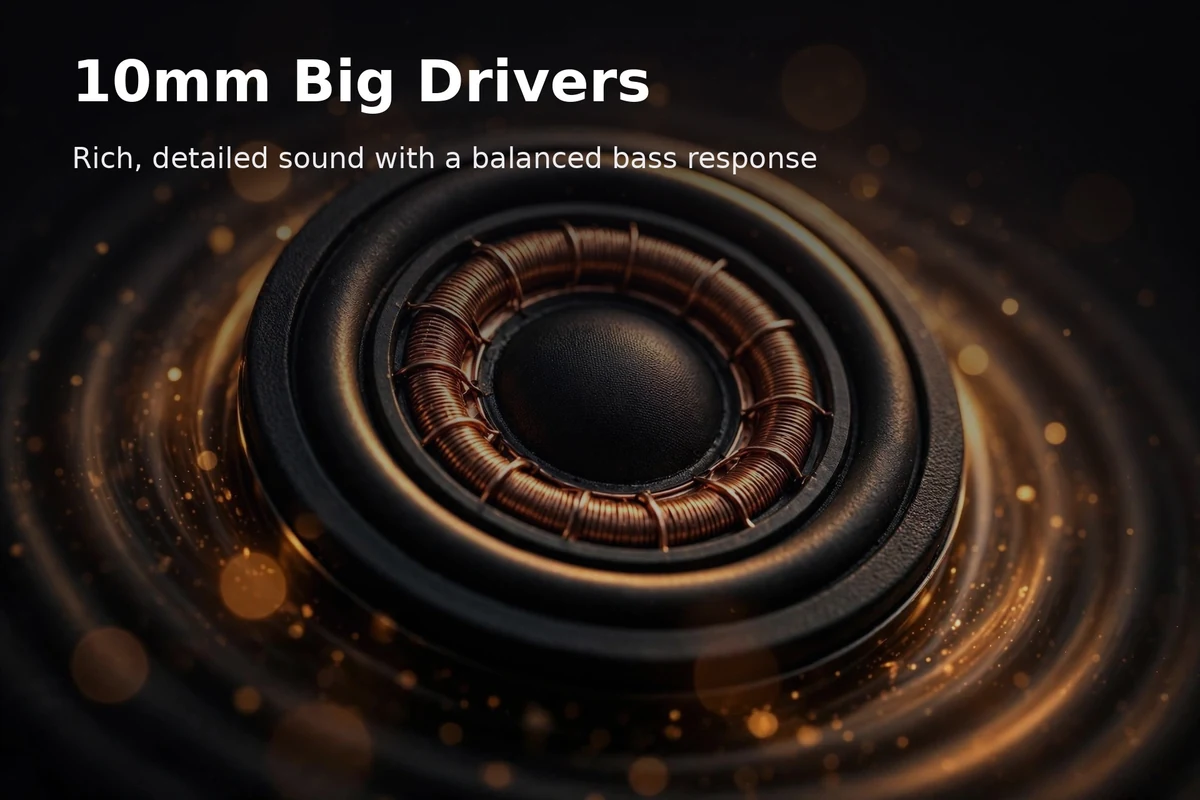 Anker Soundcore R50i 10mm dynamic driver visualization with sound-wave bokeh, manufacturer-claimed big-driver sound