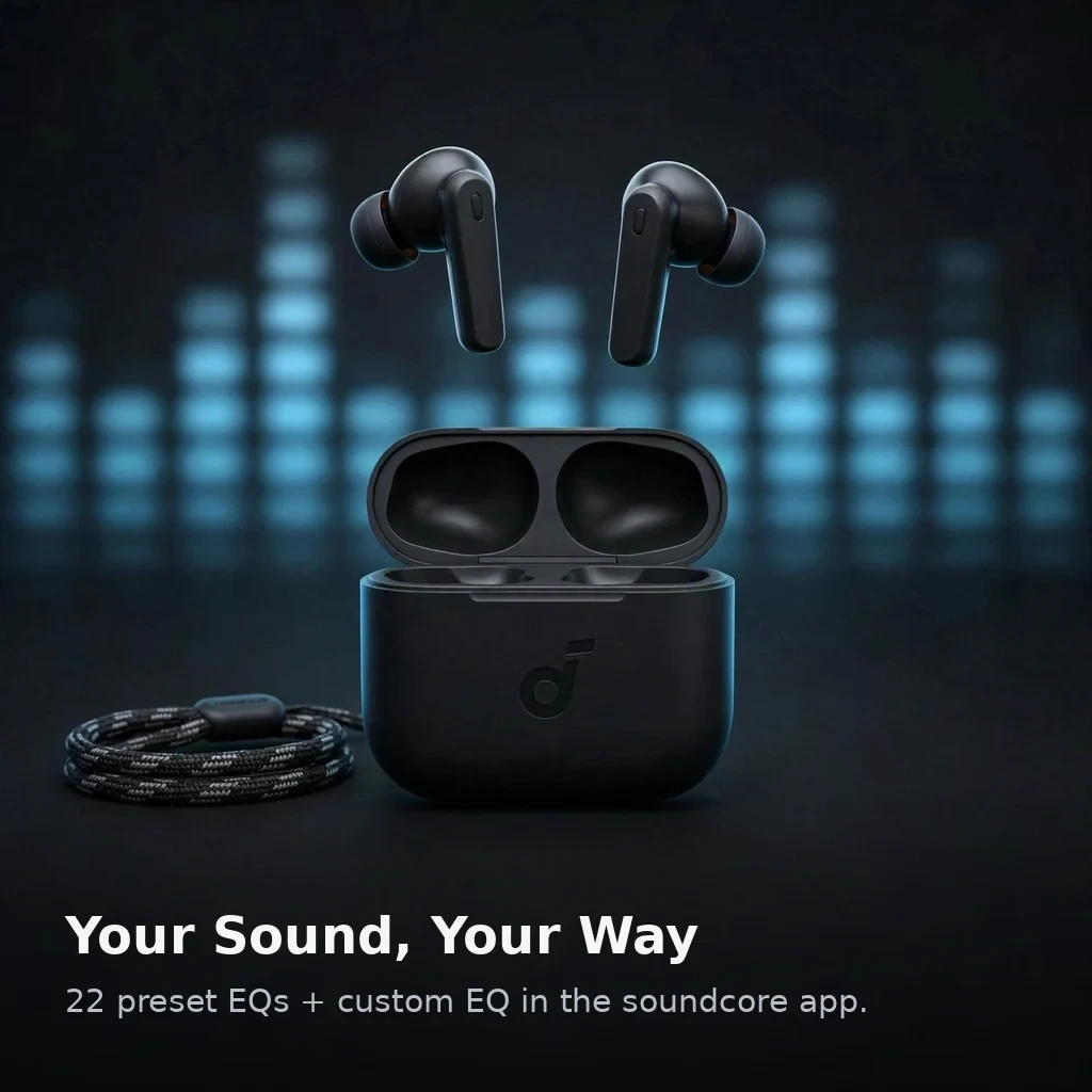 Anker Soundcore R50i feature card: 22 preset EQs plus custom EQ in the soundcore app, manufacturer-claimed figures