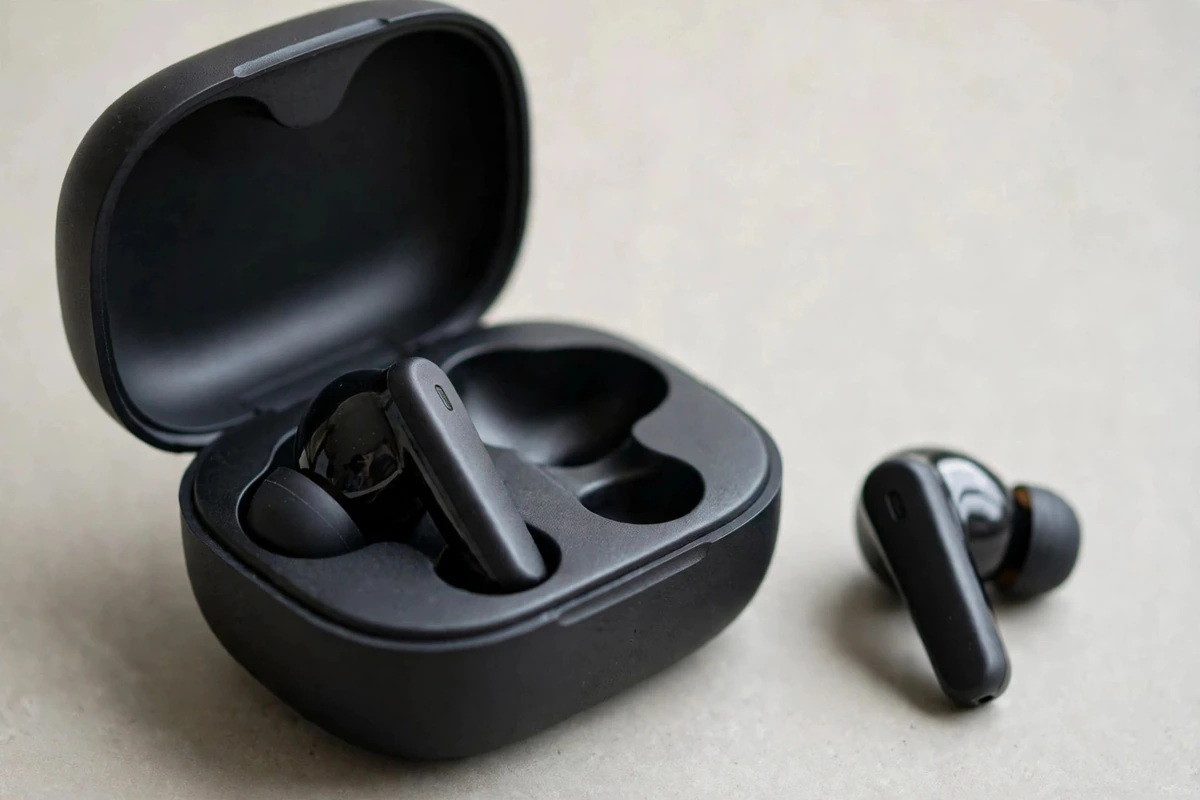 Open Anker Soundcore R50i charging case with one earbud seated and the second earbud beside the case
