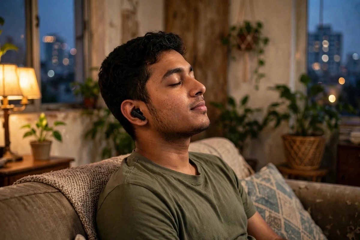 Man relaxing on a sofa at home in the evening listening with Anker Soundcore R50i earbuds