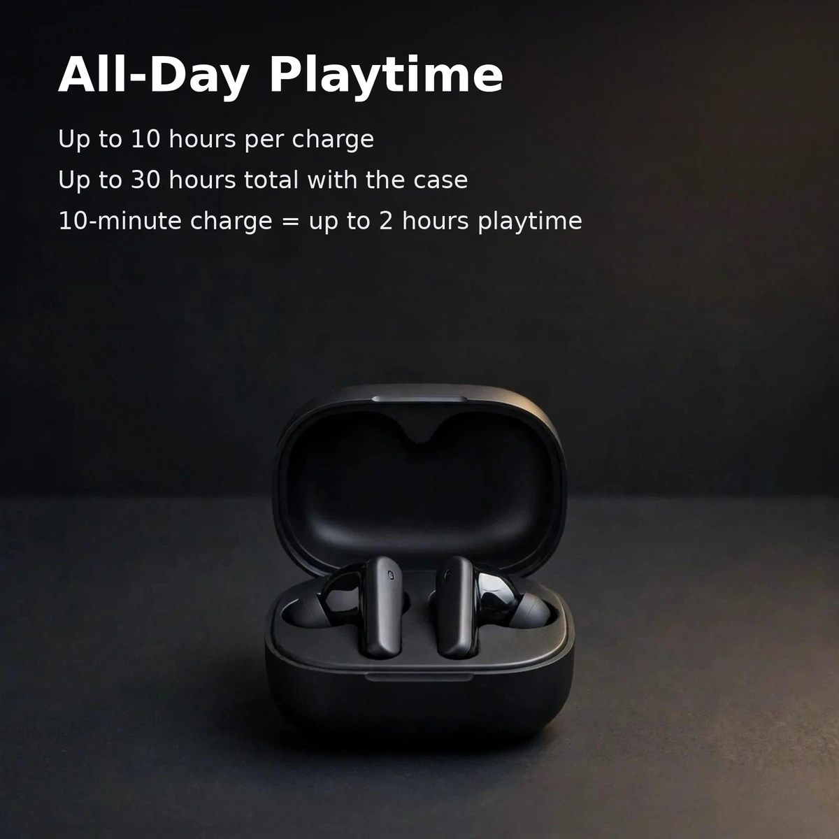 Anker Soundcore R50i battery card: up to 10 hours per charge, up to 30 hours total with case, 10-minute charge for 2 hours playtime, manufacturer-claimed figures