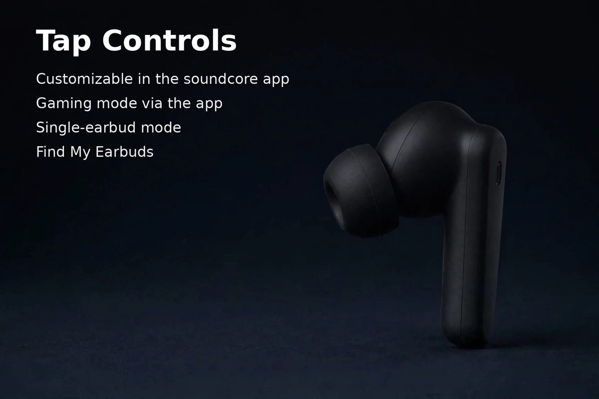 Anker Soundcore R50i feature card: tap controls customizable in the soundcore app, gaming mode via the app, single-earbud mode