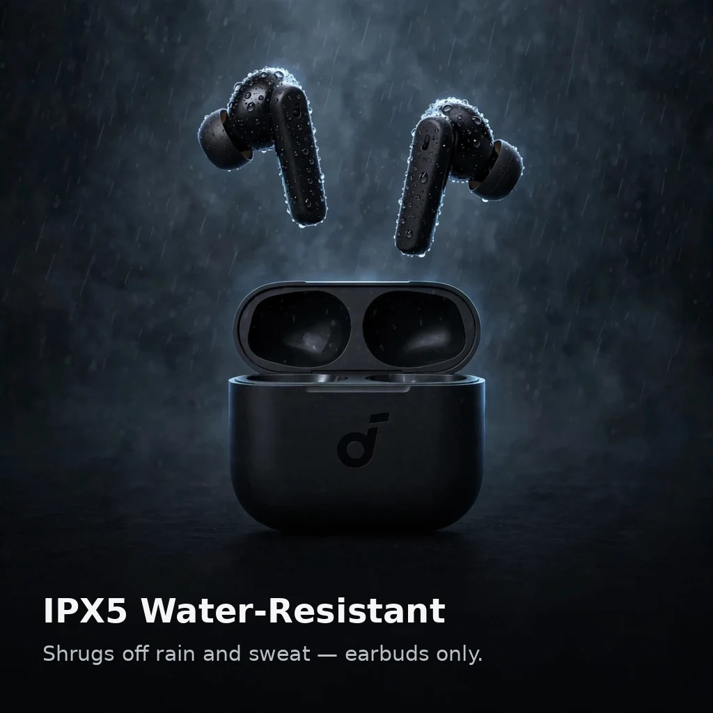 Anker Soundcore R50i feature card: IPX5 water resistance, shrugs off rain and sweat, earbuds only