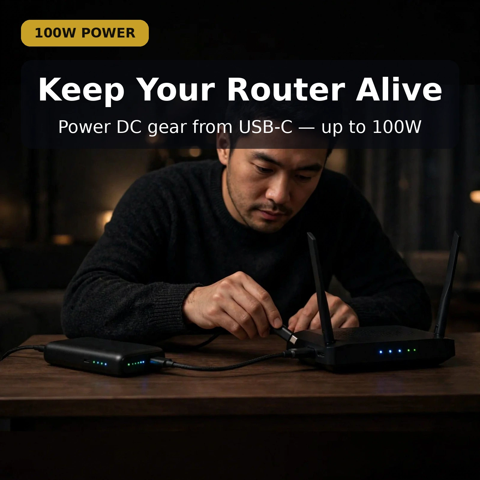 Type-C to DC 5.5x2.5mm cable 100W powering a router from a USB-C power bank