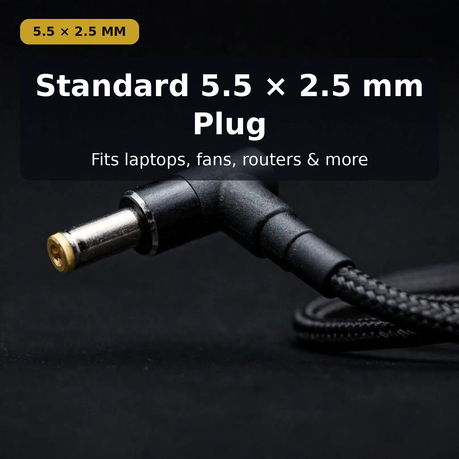 Standard 5.5 x 2.5 mm DC barrel plug close-up on the Type-C to DC 5.5x2.5mm cable 100W