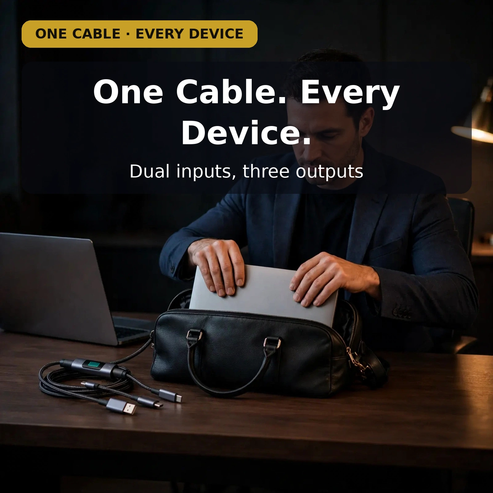 USAMS SJ713 cable with digital display and multiple connector plugs beside a laptop bag