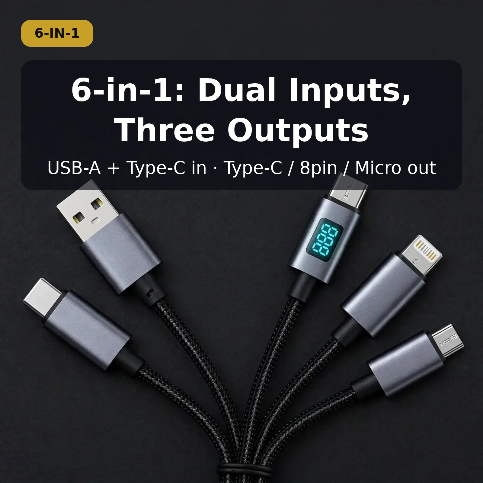USAMS SJ713 60W 6 in 1 charging cable price in Bangladesh — all five connector plugs: USB-A, Type-C, Type-C with digital display, 8-pin and Micro USB