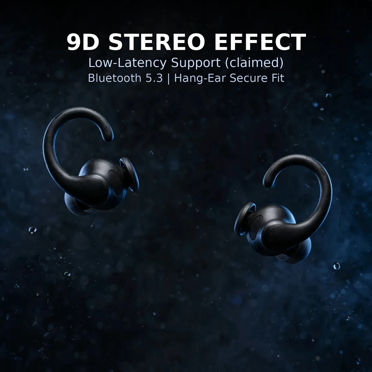 Valdus VTS-220 features card: 9D stereo effect, low-latency support claimed, Bluetooth 5.3, hang-ear secure fit