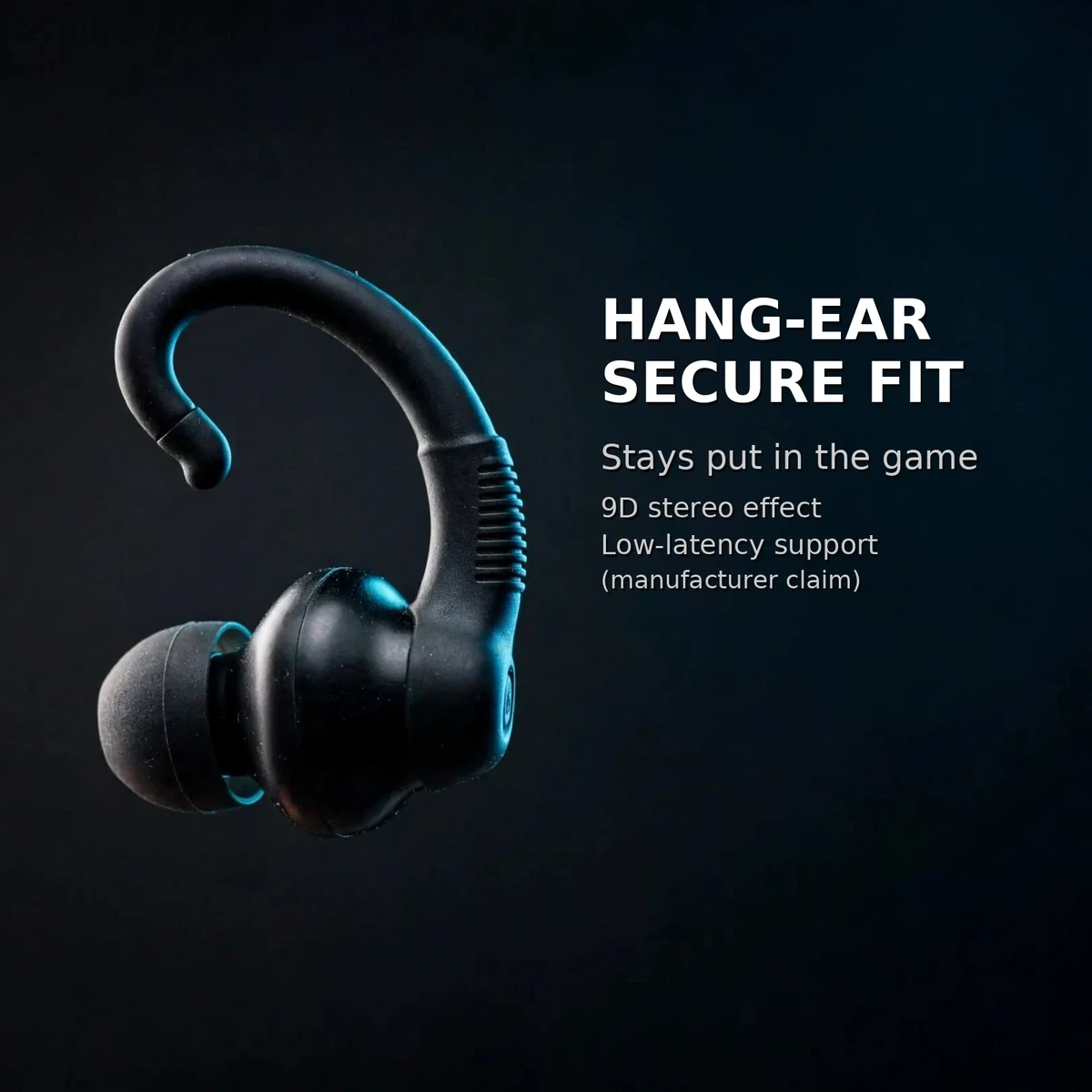 Valdus VTS-220 feature card: hang-ear secure fit, stays put in the game, 9D stereo effect, low-latency support manufacturer claim