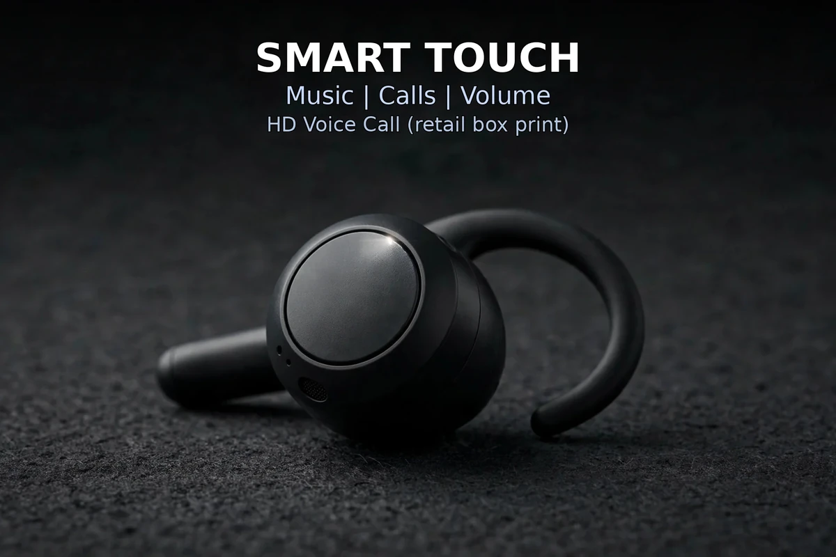 Valdus VTS-220 controls card: smart touch — music, calls, volume; HD voice call per retail box print