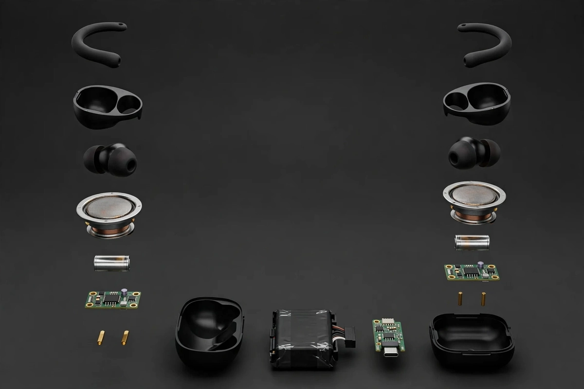 Exploded view of Valdus VTS-220 hang-ear earbud and case components — illustrative reconstruction, not a real teardown