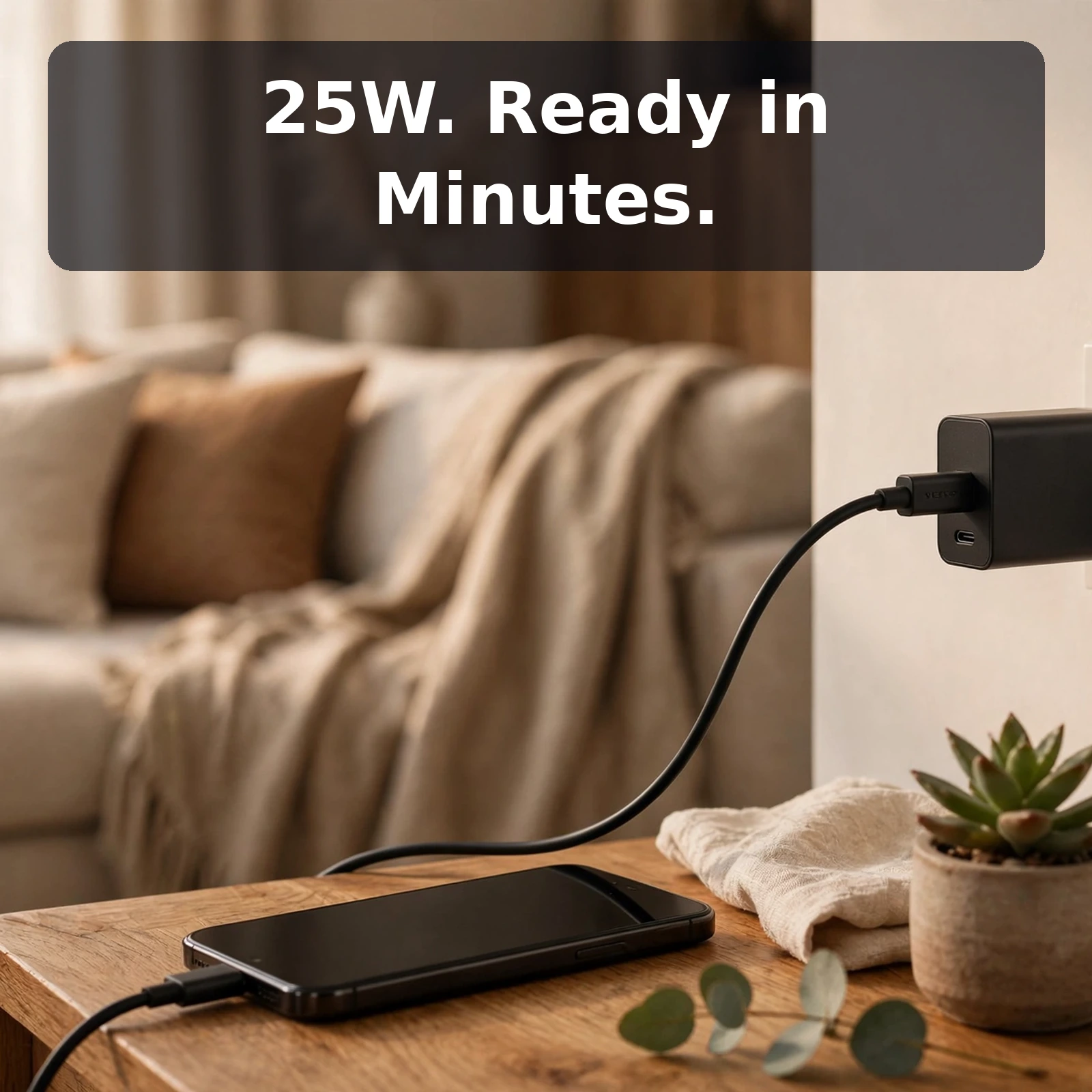 Vention 25W USB-C fast charger plugged into a wall socket fast-charging a smartphone