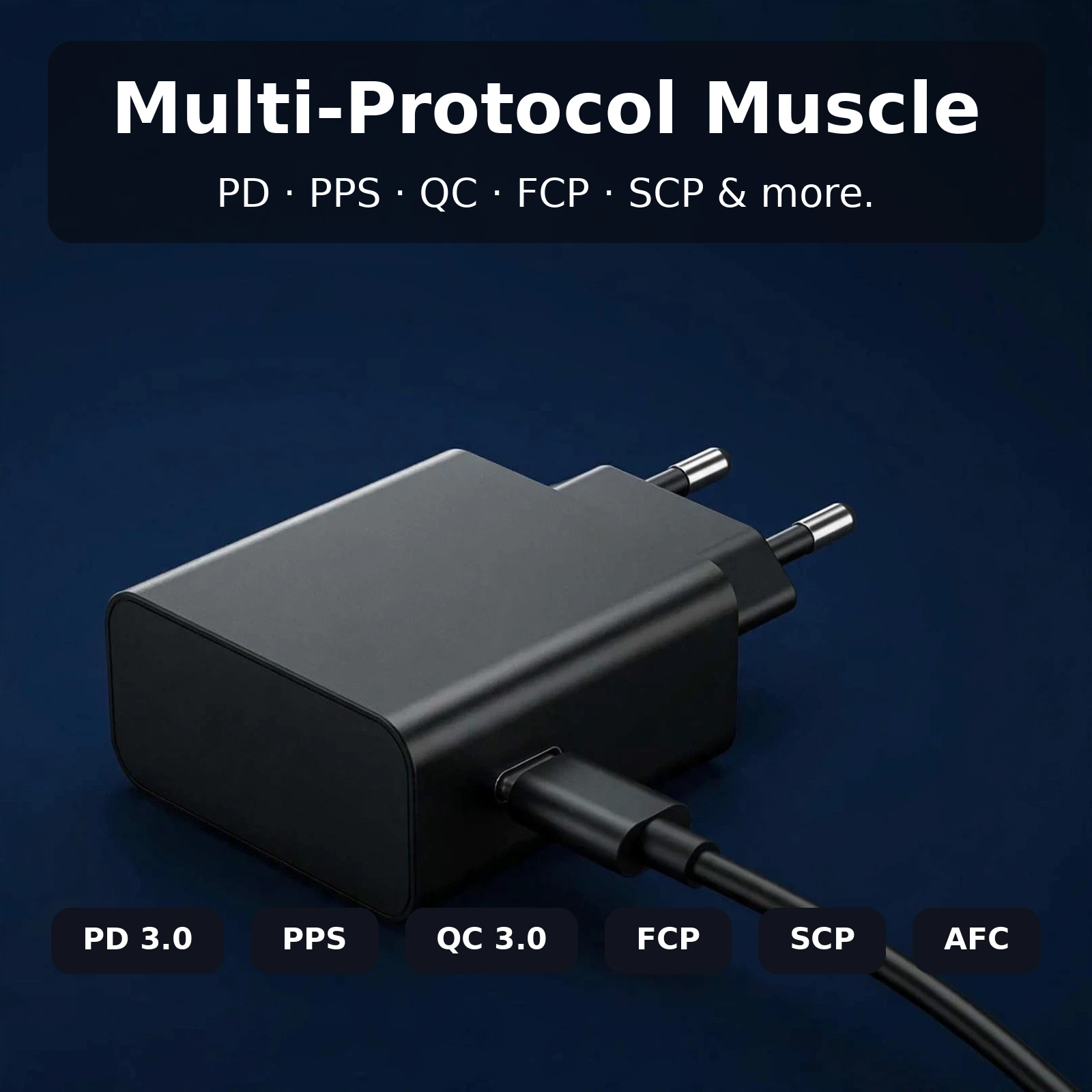 Multi-protocol support card showing PD 3.0, PPS, QC 3.0, FCP, SCP and AFC on the Vention 25W charger