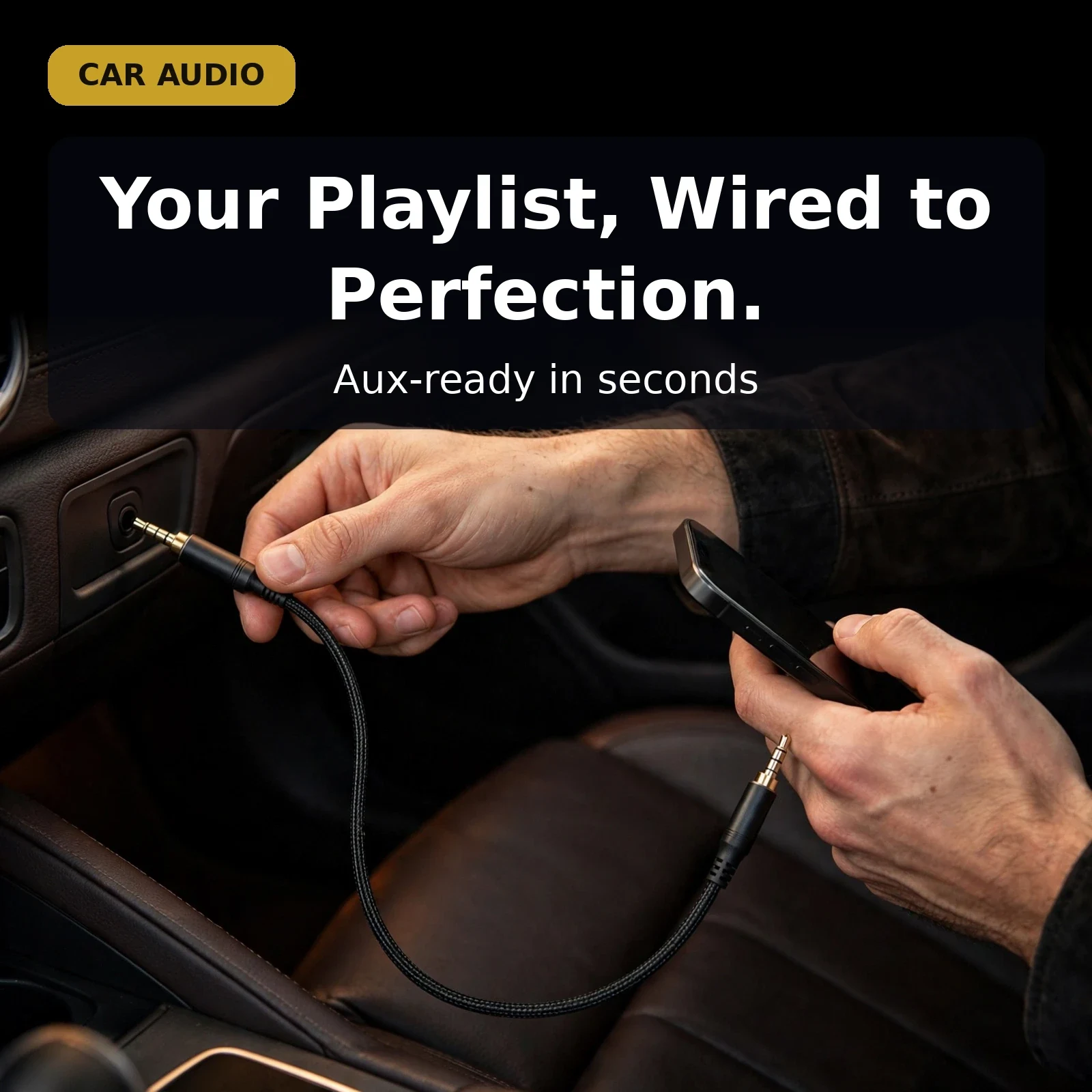 3.5mm male to male audio cable connecting phone to car aux