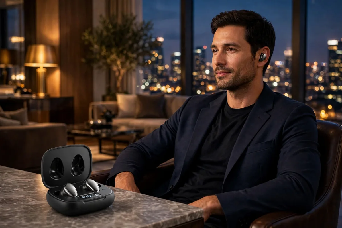 Man in a penthouse lounge at evening wearing a Vention Tiny T13 earbud, case with 100 LED display on the table