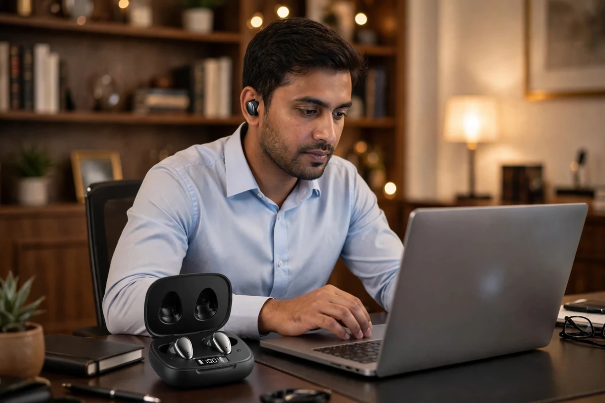 Bangladeshi man in a luxury apartment home office wearing a Vention Tiny T13 earbud, deep focus