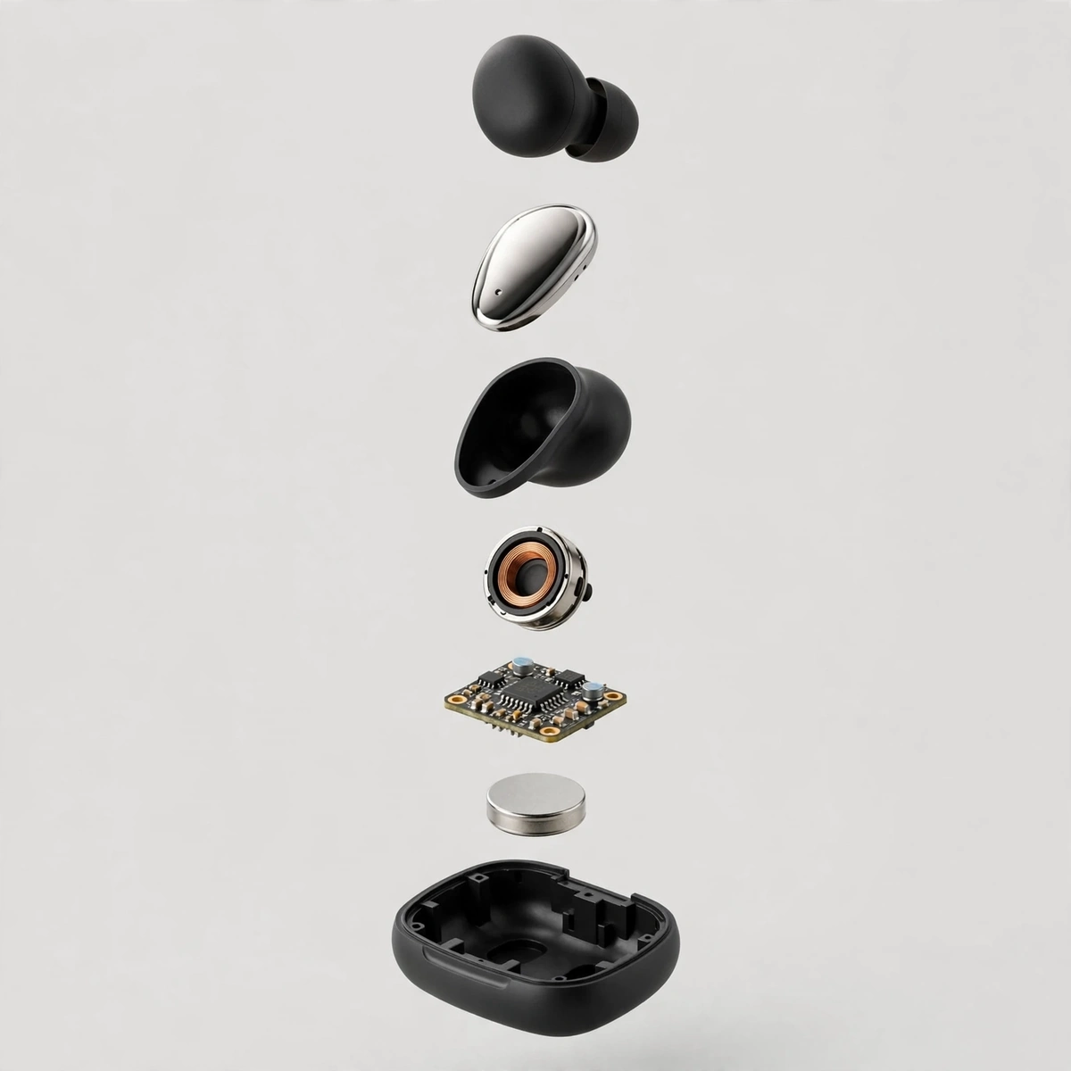 Illustrative exploded-view reconstruction of the Vention Tiny T13 earbud and case components: eartip, nickel face plate, housing, driver, PCB and cell